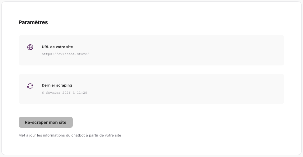 Paramètres du dashboard