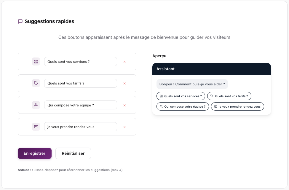 Configuration des suggestions rapides