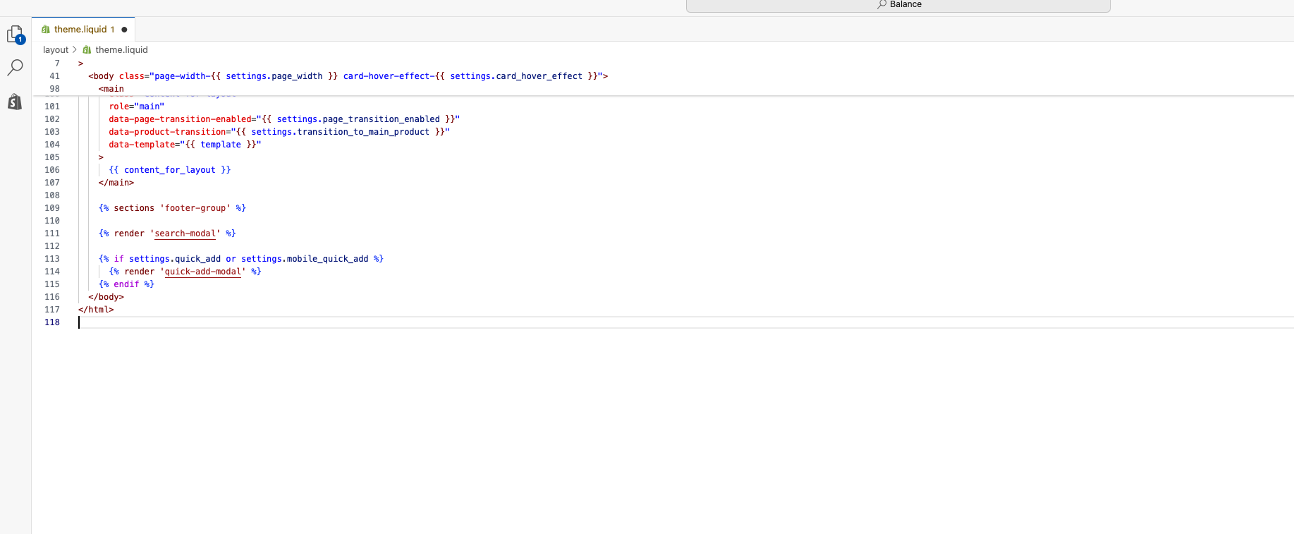 Fichier theme.liquid dans l'éditeur Shopify