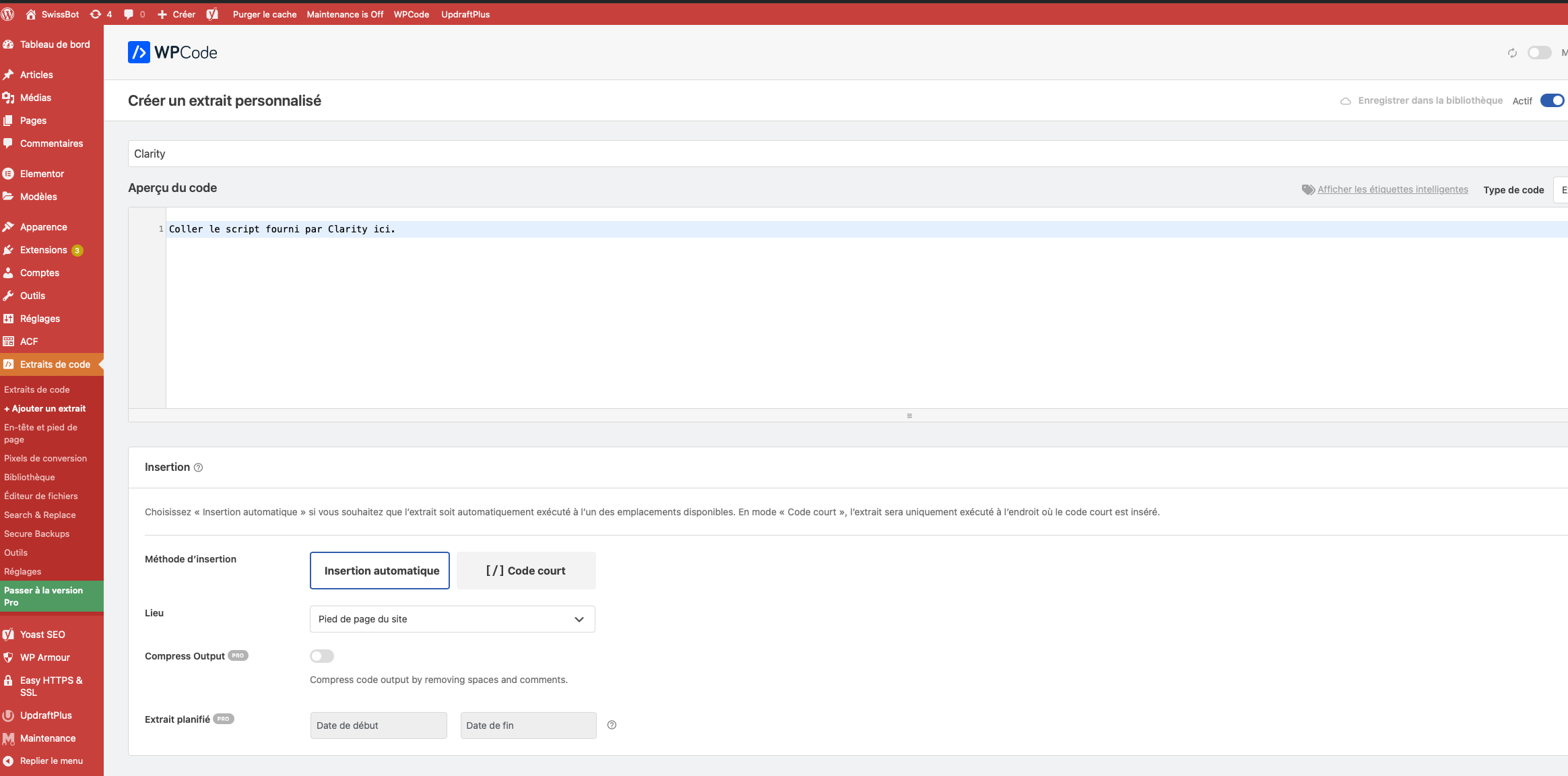 Zone de saisie WPCode Footer